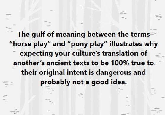 Text that says, "The gulf of meaning between the terms 'horse play' and 'pony play' illustrates why expecting your culture's translation of another's ancient texts to be 100% true to their original intent is dangerous and probably not a good idea."