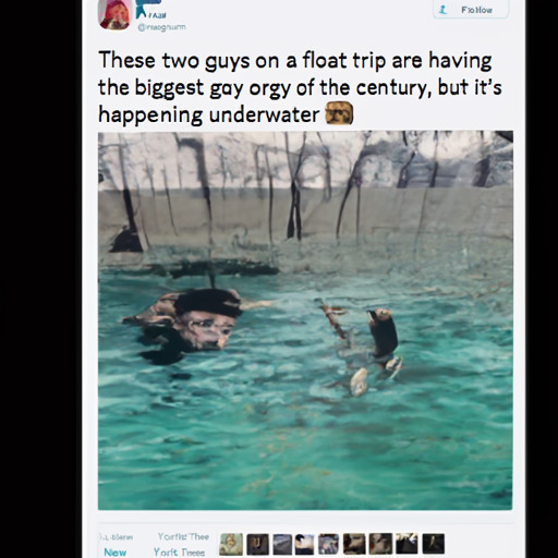 [Description] A photo of two men swimming in the water in a swimming pool caption ` [Text] Follow [newline] @magnum [newline]  These two guys on a float trip are having [newline]  the biggest gay orgy of the century, but it's [newline]  happening underwater [newline]  The [newline]  New [newline]  York Times