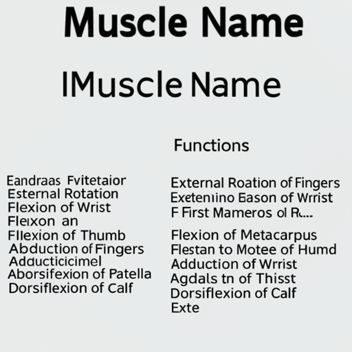  Muscle Name
 Functions
 External Rotation of Thumb
 External Rotation of Fingers
 External Rotation of Wrist
 Extension
 Flexion of Wrist
 Flexion of First Metacarpal
 Flexion of Metacarpus
 Flexion of Thumb
 Abduction
 Flexion of Metacarpal
 Abduction of Fingers
 Adduction of Wrist
 Abduction of Wrist
 Dorsiflexion of Patella
 Dorsiflexion of Thigh
 Dorsiflexion of Calf
 Extension
 Flexion