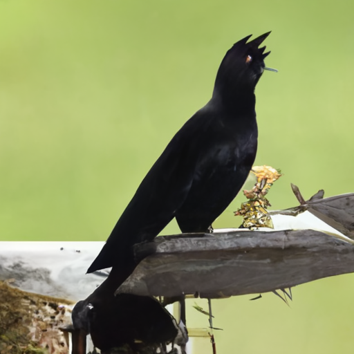 [Description] A black hawk perched on a wooden bird feeder. [Text]