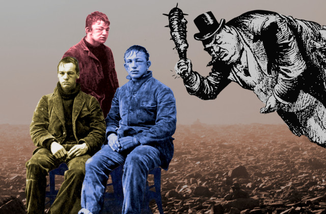 A blasted wasteland. Three young men who have been terribly beaten cluster in the center of the frame. Looming out of the left is a thug brandishing a club, holding out his hand.