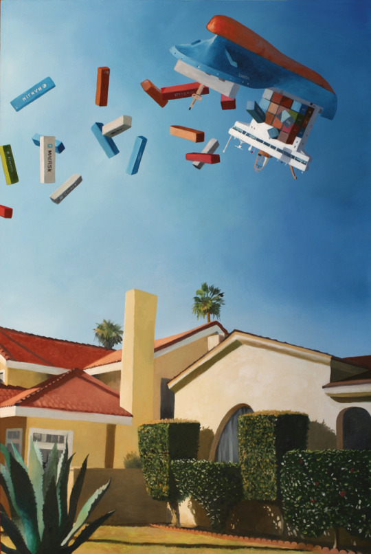 A container ship hangs inverted in sky, containers falling from it. In the lower foreground is a large Spanish Colonial Revival-style home.